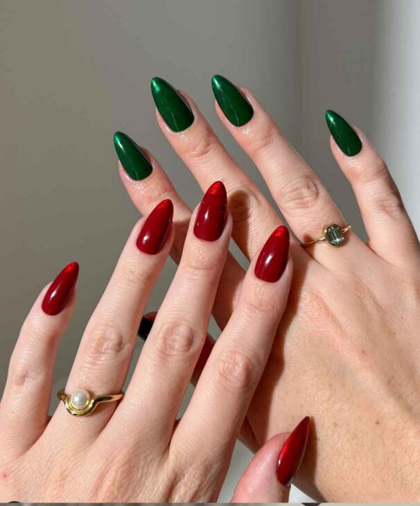 aesthetic minimalist chic red green christmas nails french tips