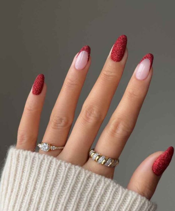 aesthetic red simple french tips christmas nails