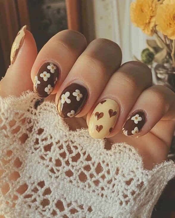 vintage cottagecore nails with tiny hearts and flowers for valentines day