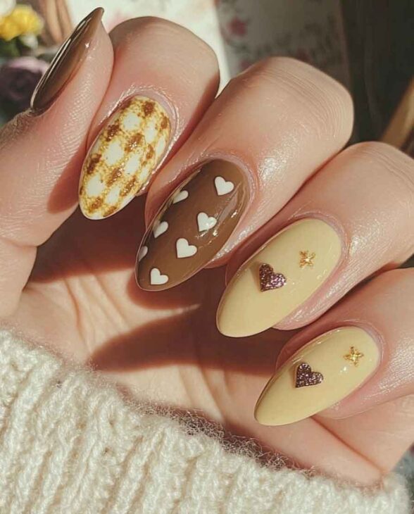 yellow and brown vintage cottagecore nails with check and heart design for aesthetic valentines day manicure