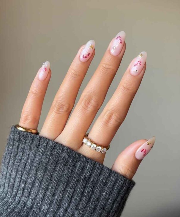 cute christmas nail art on chic nude nails