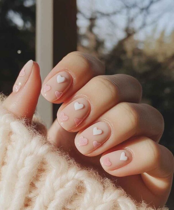 simple and nude aesthetic hearts valentines day nail design