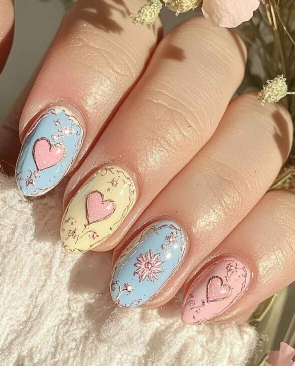 pastel nails with cottagecore hearts for valentines nails. light blue, light yellow and pink ombre. 