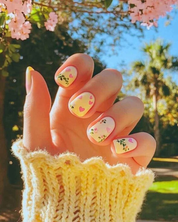 cute yellow nails with tiny hearts design for valentines day. Cottagecore aesthetic manicure