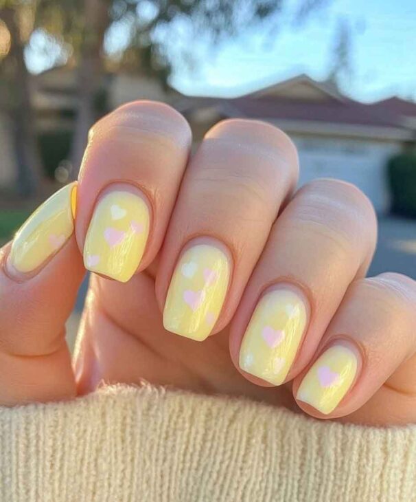 cute short yellow and pink valentines day nails