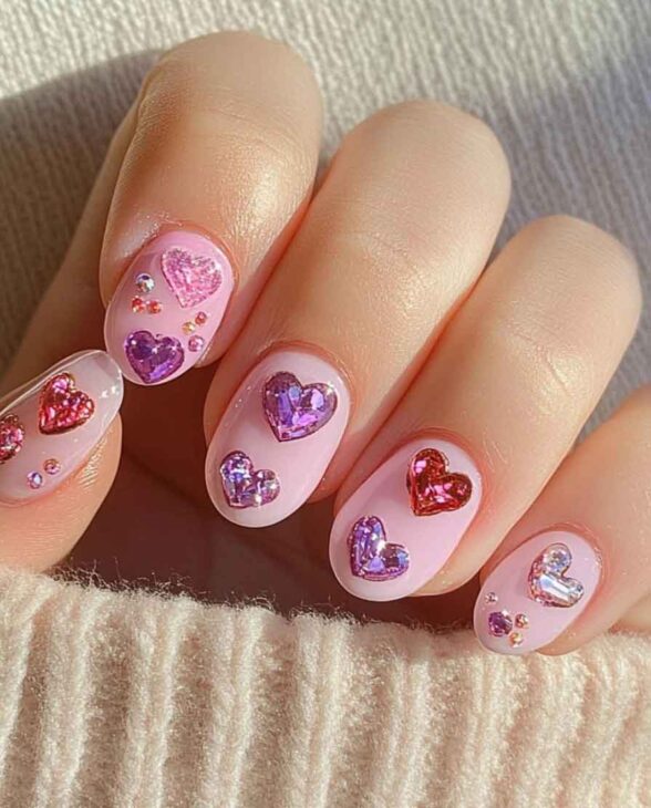 aesthetic light pink nails with rhinestones for Valentines day