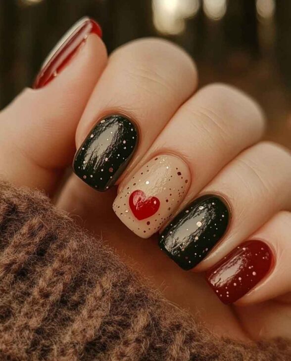 black red and white valentines day manicure