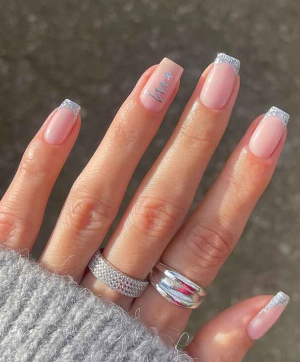 cute silver french tips with minimalist design christmas nails