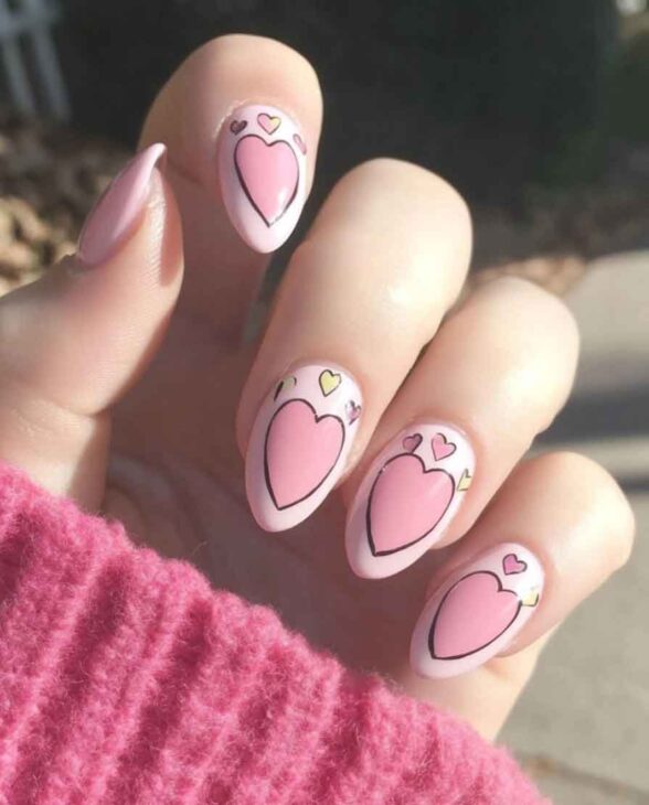 cute pink nails with doodle design and heart nail art for valentines day manicure.