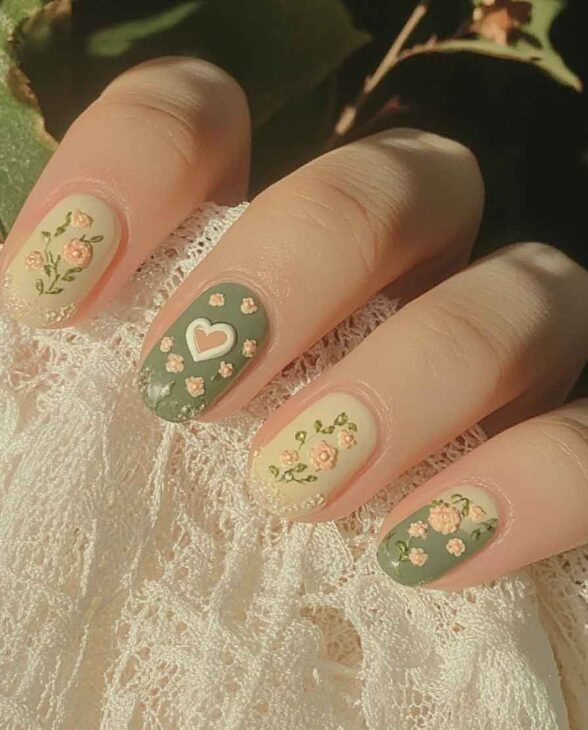 cute short and round valentines day nail ideas. cute floral and heart design in light pink and green with a vintage cottagecore aesthetic.