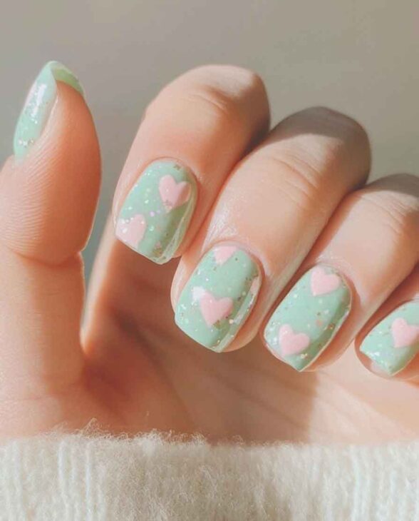 cute short pastel green nails for valentines day