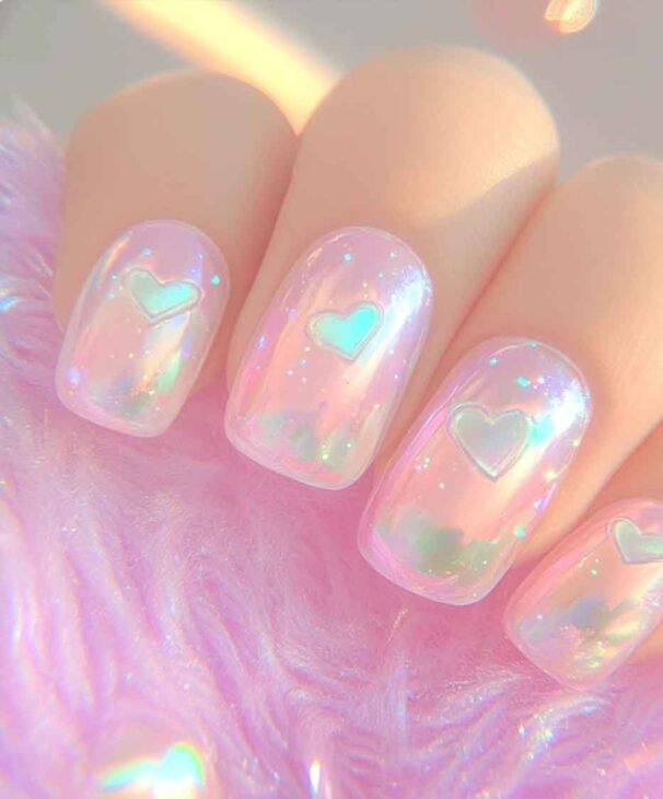 pink iridescent aesthetic nails for valentines day