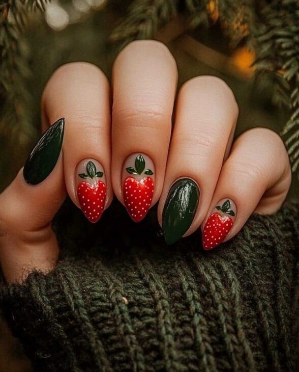 heart nails design for valentines  day on long gel nails. winter cottagecore aesthetic manicure in forest dark green and red