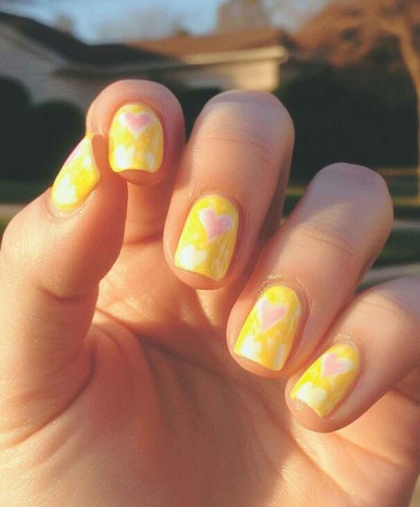 cute short yellow and pink valentines day nail design