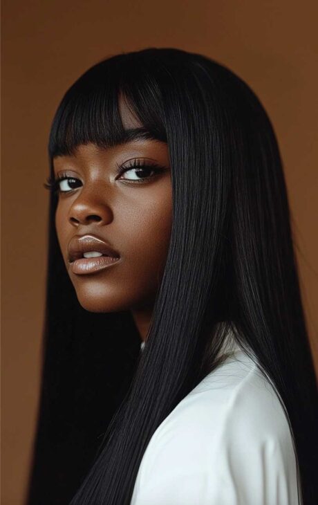 long elegant minimal aesthetic hairstyle fr black woman., straight hair for work with bangs