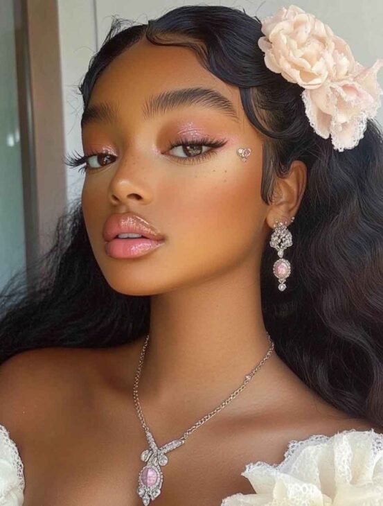 brown skin vintage soft blush pink aesthetic makeup. royalcore