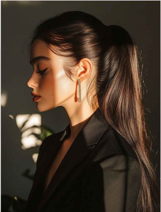 ponytail on long hair. chic elegant aesthetic.