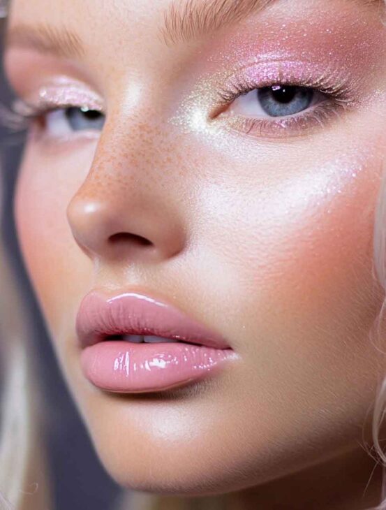 soft light pink glam high gloss with gold aesthetic makeup. pink aesthetic look, coquette aesthetic look white white mascara.