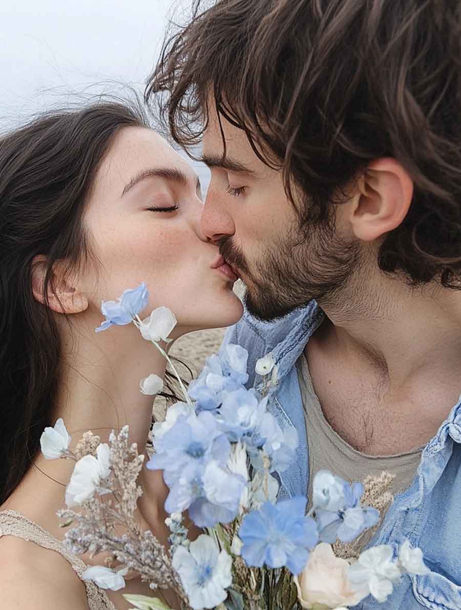 Aesthetic couple photoshoot idea kiss at the beach