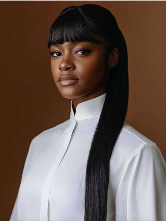 long elegant minimal aesthetic hairstyle fr black woman., straight hair ponytail with bangs for work