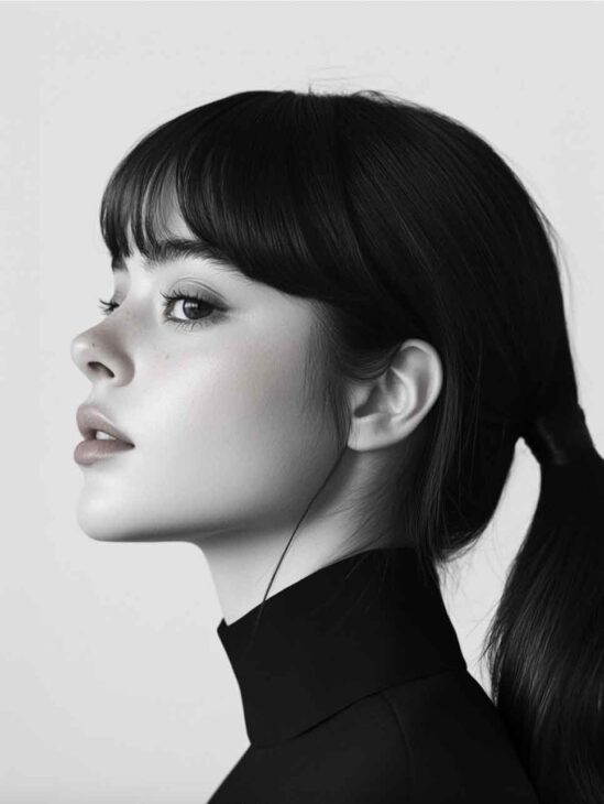 effortlessly chic, quiet luxury low ponytail with bangs on straight hair