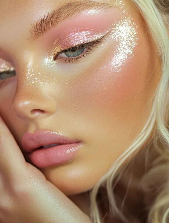 glitter gold and pink glam party aesthetic makeup