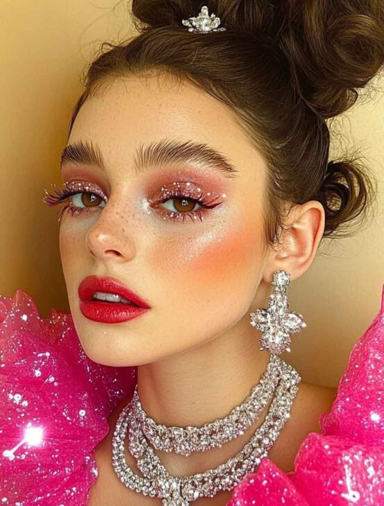 hot pink aesthetic shiny sprrkly makeup. royalcore 