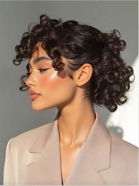 elegant work office hairstyle for curly shot hair with bangs