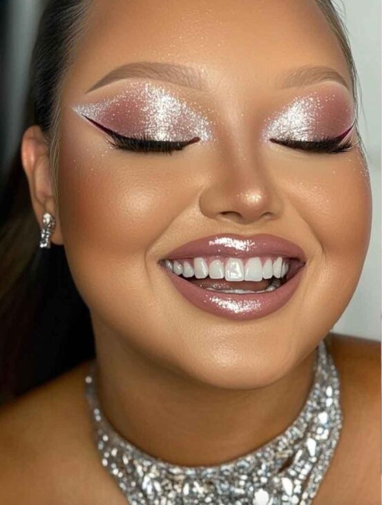 pink baddie aesthetic makeup with silver eyeshadow on round face