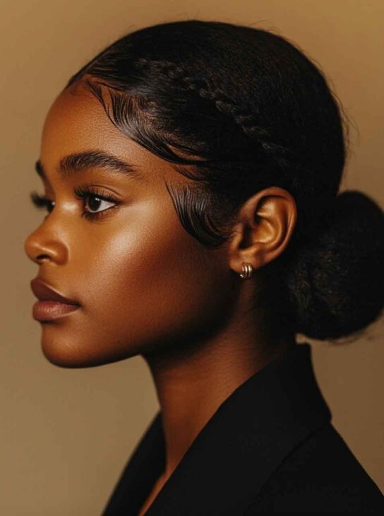 chic elegant hairstyle with low bun for black woman. work formal aesthetic hair style