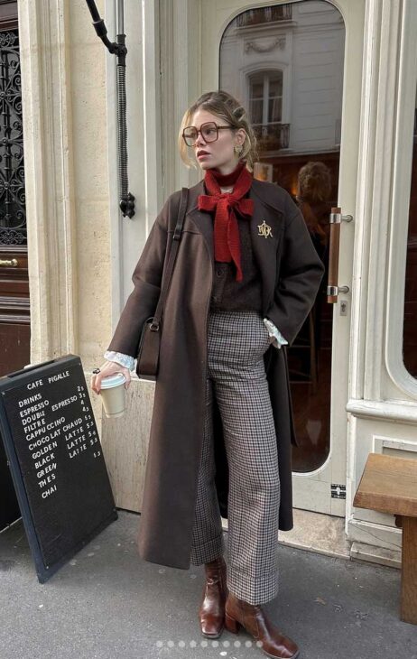 brown vintage winter dark academia outfit with red scarf