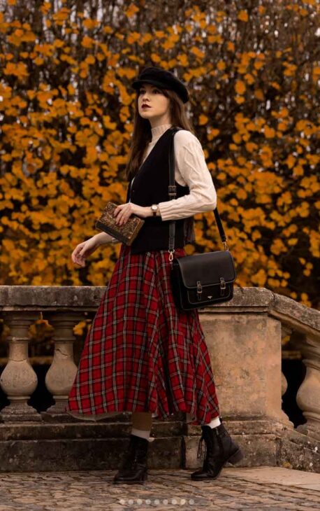 red plaid dark academia skirt aesthetic style