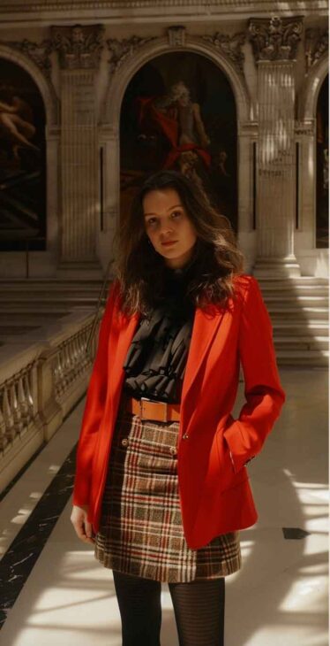 dark academia workwear with red and mini plaid skirt and blazer