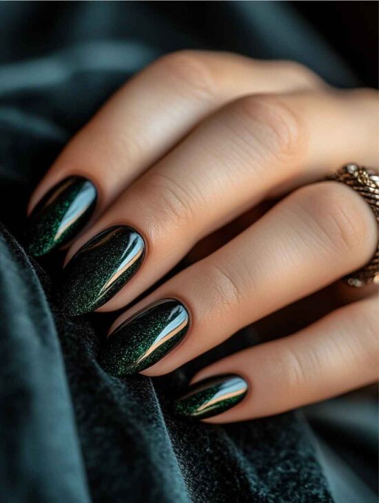 ai generated slytherin aesthetic nail art of dark green with glitter