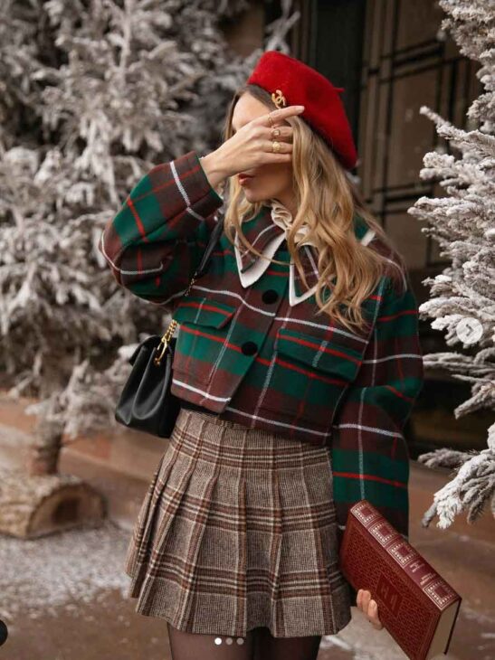 plaid brown red and green dark academia outfit