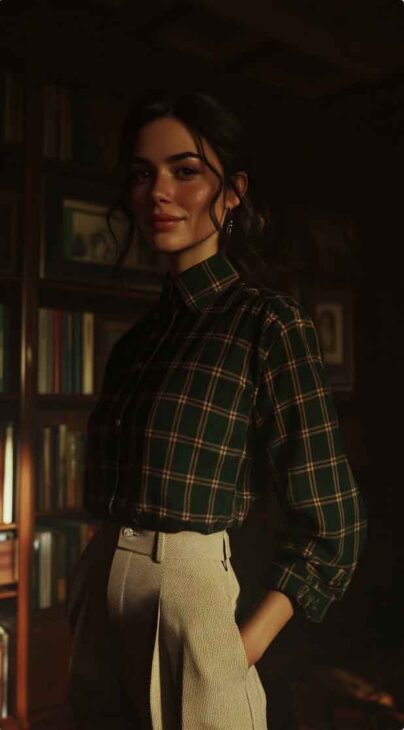 dark green plaid shirt with beige trousers dark academia