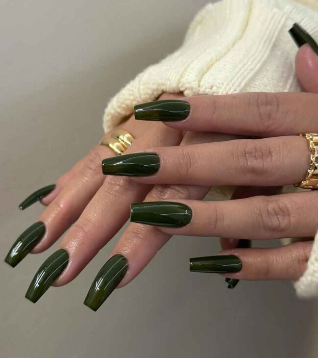 green Slytherin nails on long coffin nail