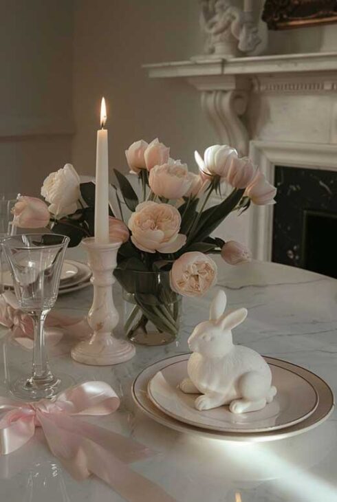 pink and white easter tablescape place setting in coquette aesthetic