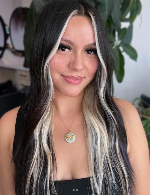 black hair with silver blond highlights