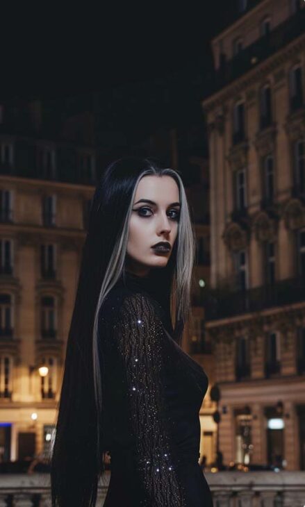 long sleek black hair with silver highlights. witchcore hair