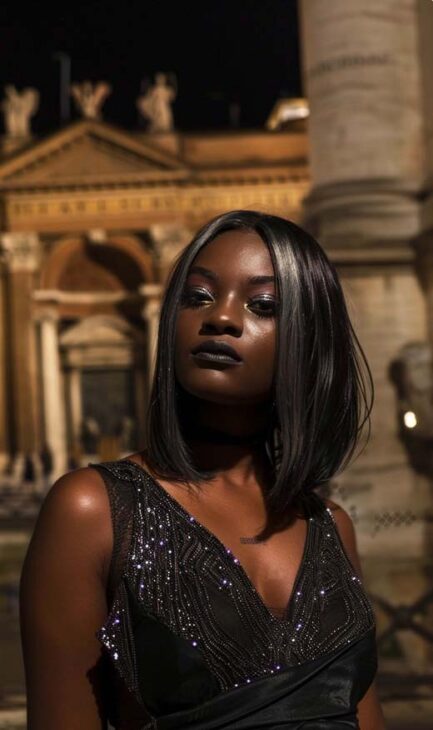 elegant black woman with black hair and silver white highlights