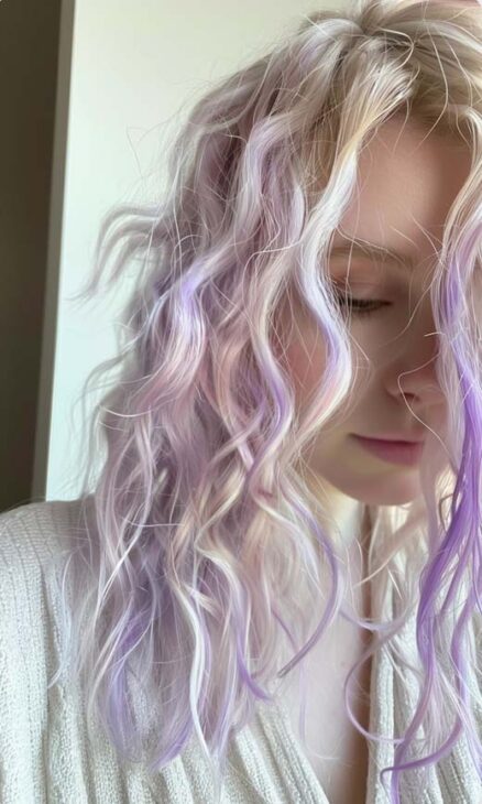 blond hair with lavender hair streaks