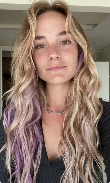 long wavy blond hair with lavender highlights