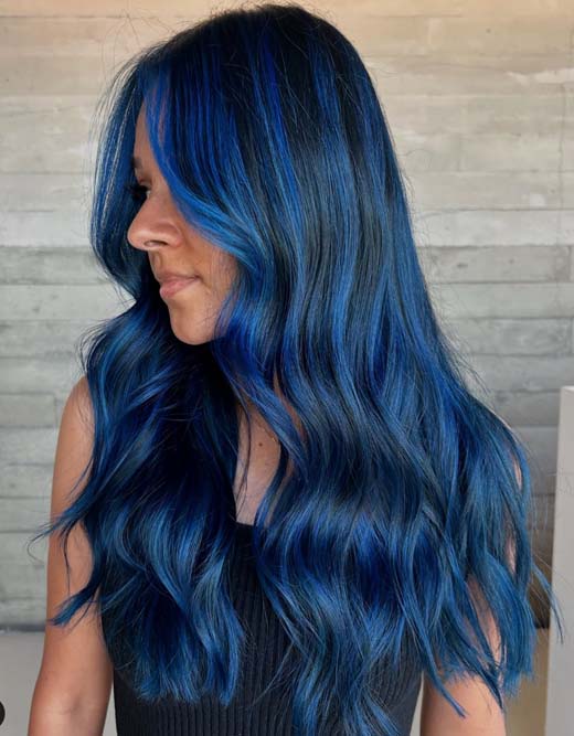 blue balayage on brunette llong hair, witchy aesthetic hair iolor