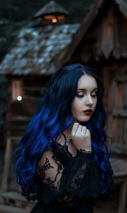 deep blue with electric blue witchy aesthetic hair color