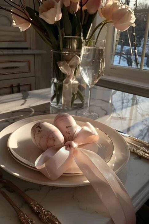 coquette feminine pink aesthetic elegant and simple easter tablescape idea place setting