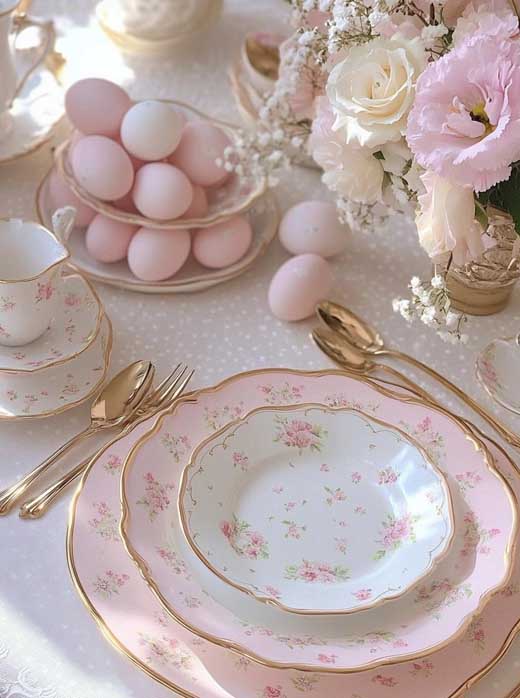 white and pink pastel tablescape cute decoration with floral dinnerwear and pink eggs and gold