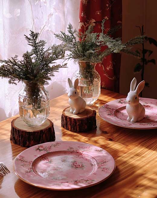 pink natural rustic and simple easter table setting for two