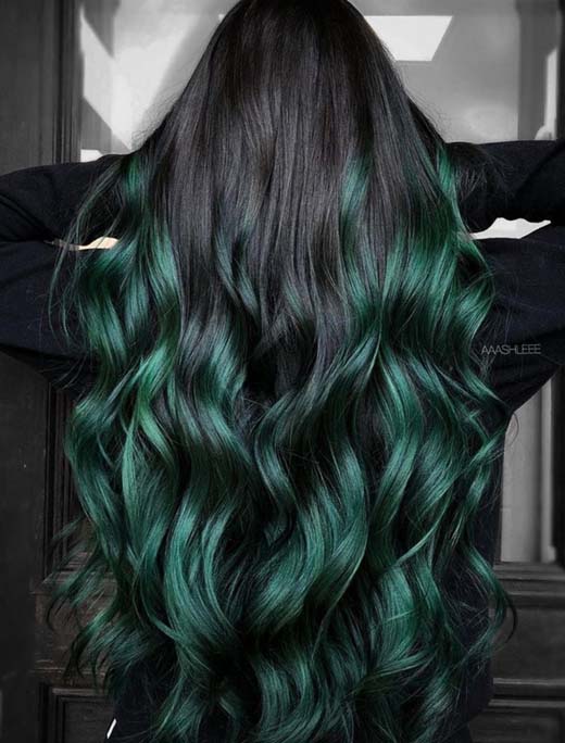 emerald green witchy long hair balayage