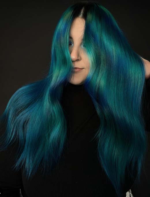 blue and green mermaid aesthetic hair, dark siren sea witch aesthetic hair clor